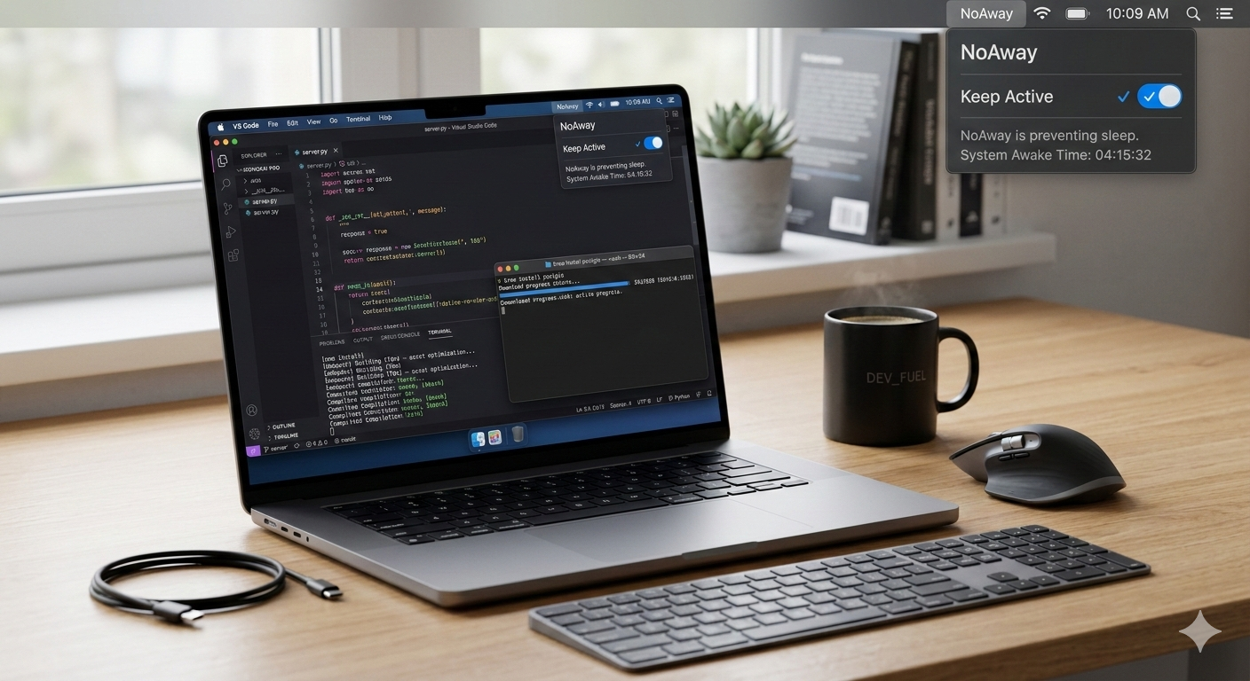 How NoAway works: system tray icon and Keep Active control on desktop
